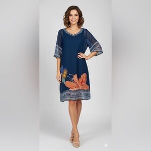 Soft Surroundings blue hibiscus floral sheer shift dress size medium
